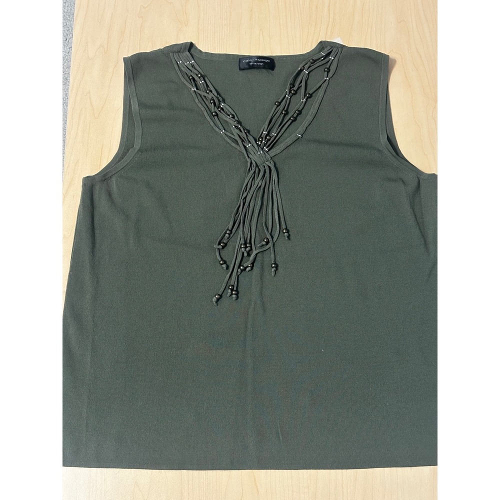 Cable & Gauge Woman Olive Green Beaded Macrame V-Neck Knit Tank Top Sleeveless